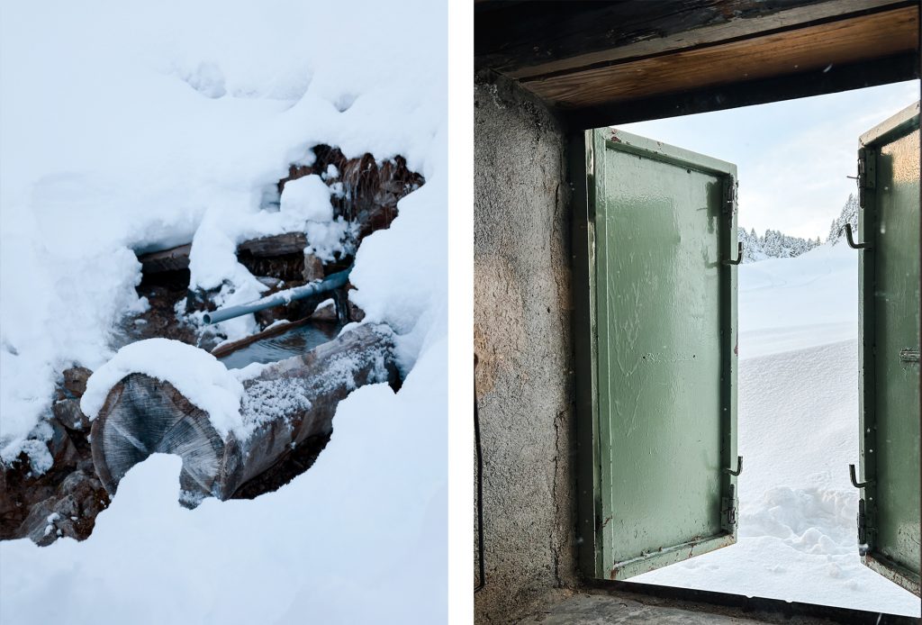 Source et bergerie et de Chaumailloux en hiver sur les Hauts-Plateaux du Vercors